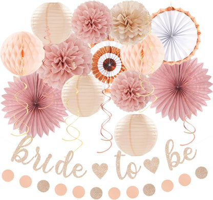 Champagne-Gold Beige Fall Baby-Shower Party-Decorations - 36pcs Welcome Home Banner Sign,Neutral Paper Lanterns,Girl Streamers Garland,Boho Hanging Tissue Pom Poms Flowers Fans Backdrop Decor Burgleda