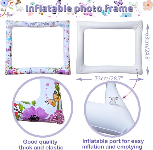 Watercolor Flying Butterfly Birthday Inflatable Selfie Photo Frame & Photobooth Props Set for Pictures Floral Butterfly Selfie Props Beautiful Butterflies Photo Frame for Birthday