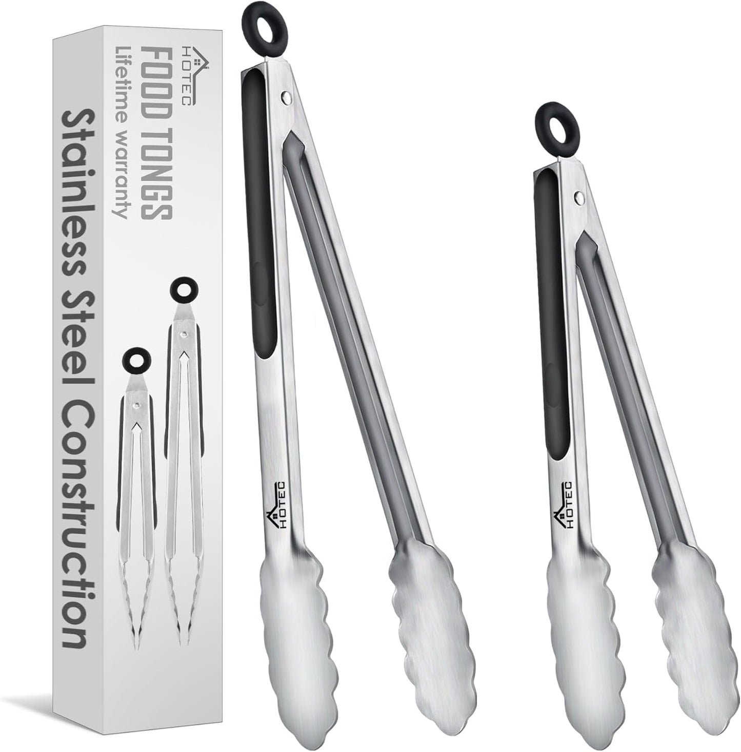 Hotec Stainless Steel Kitchen Tongs, Set of 2-9", Locking Metal Food Tongs for Cooking, Serving, BBQ, Grill Non-Slip Grip