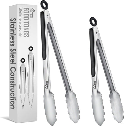 Hotec Stainless Steel Kitchen Tongs, Set of 2-9", Locking Metal Food Tongs for Cooking, Serving, BBQ, Grill Non-Slip Grip