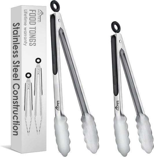 Hotec Stainless Steel Kitchen Tongs, Set of 2-9", Locking Metal Food Tongs for Cooking, Serving, BBQ, Grill Non-Slip Grip