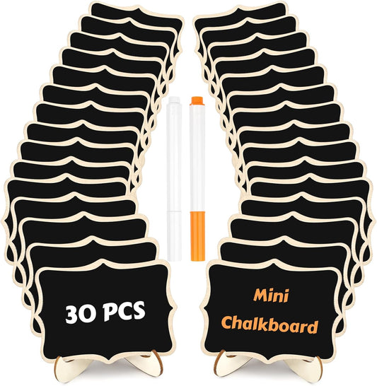 30 Pack Mini Chalkboard Signs, Food Labels for Party Buffet, Small Wooden Chalk Board Signs with Easel Stand & Markers, Reusable, Zero Residue Place Cards for Table Setting or Numbers, Outdoor Indoor