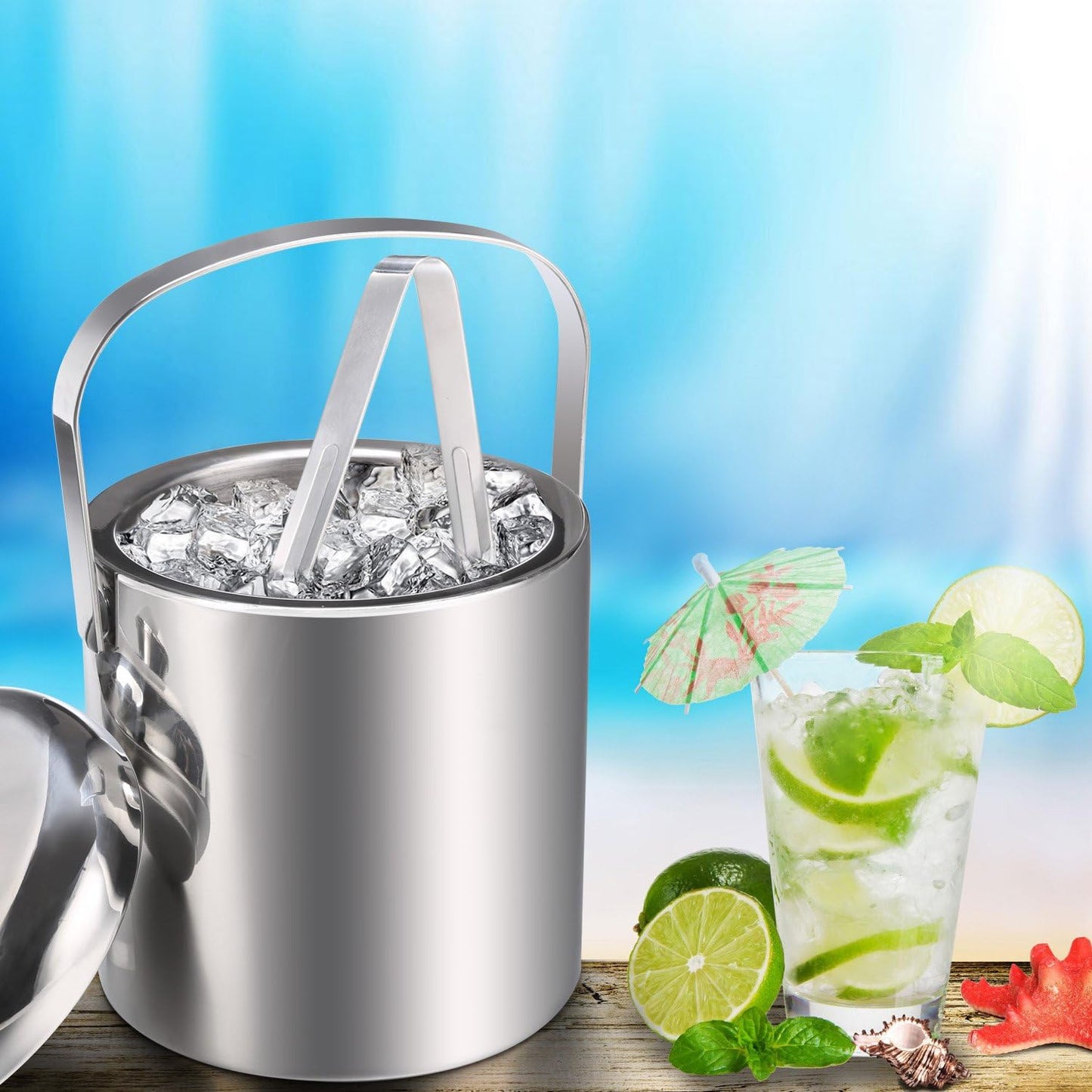 Sailnovo Mini Ice Bucket 1.2 Liter, Premium Compact Double-Wall Stainless Steel with Lid & Ice Tong, Ideal for Cocktails, Personal Bar, Small Parties - Silver