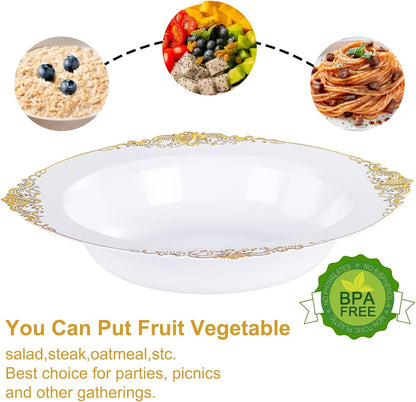Nervure 50 Pack White Plastic Bowls with Gold Rim - 12oz Disposable Soup Bowls - Heavy Duty Dessert Bowl, Salad Bowl Perfect for Weddings, Parties, Mothers Day