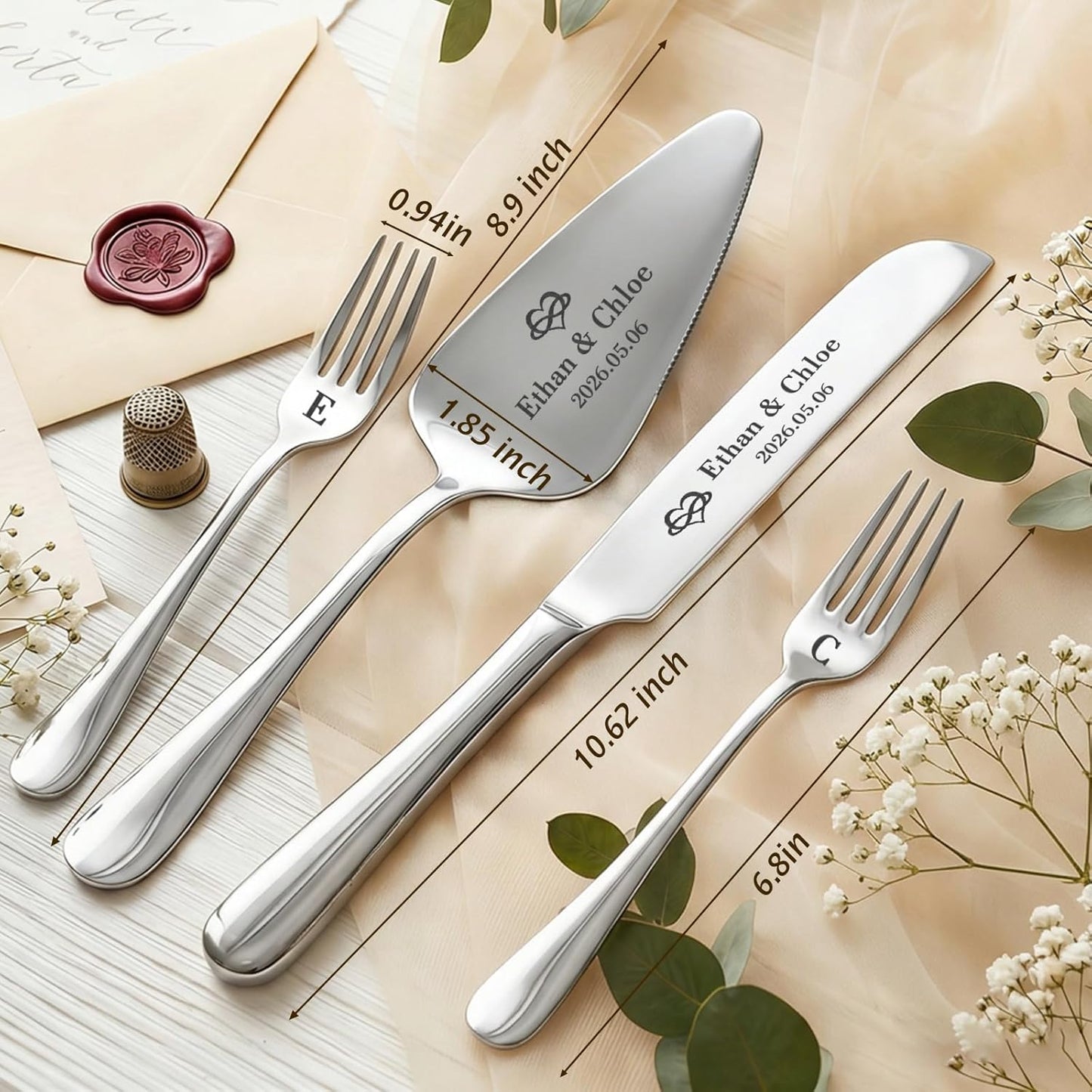 Custom Wedding Cake Cutting Set, Engraved Knife & Server with Names, Ideal Wedding Gift for Couples Bridal Showers Anniversaries (Silver)