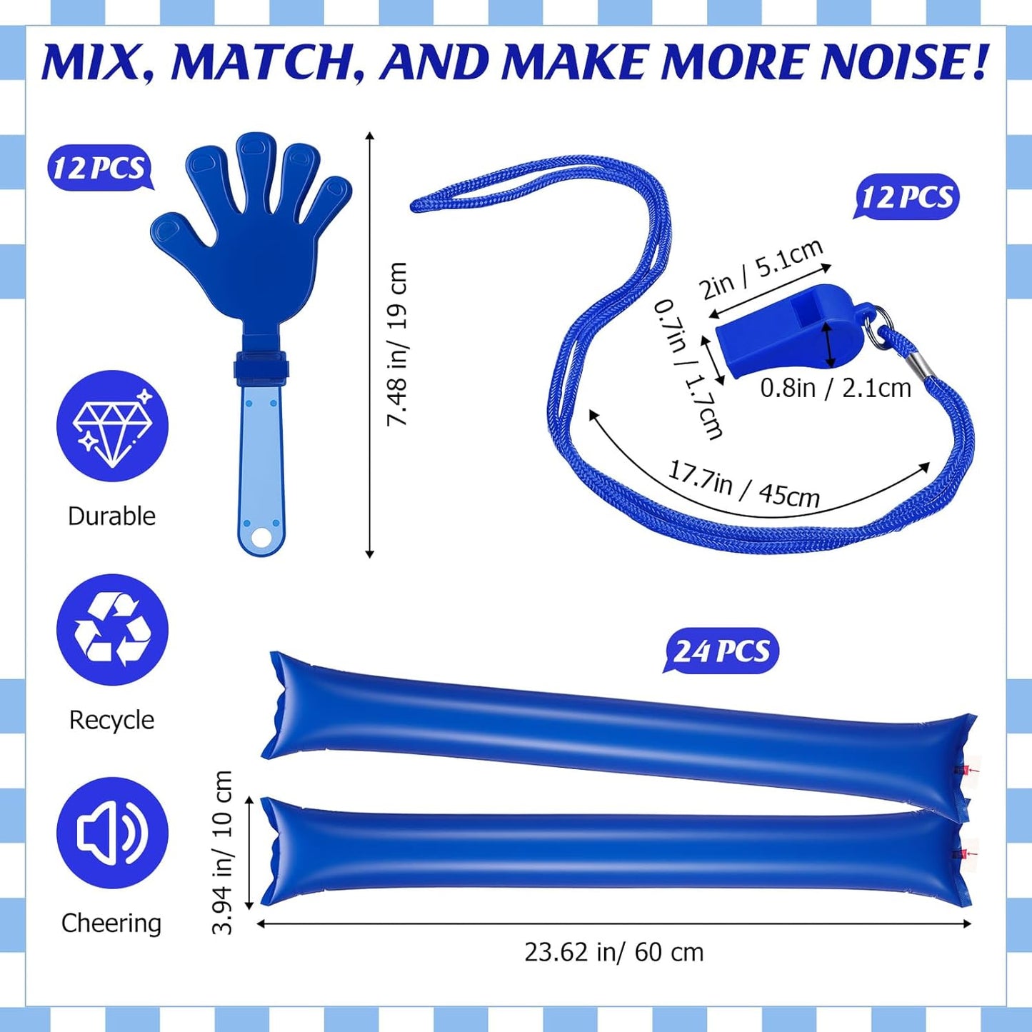 48 Pcs Cheering Noisemakers Set Included 12 Pcs Mini Air Horns Noisemakers 12 Hand Clappers 24 Thunder Sticks for Birthdays Sporting Events (Horn,Blue)