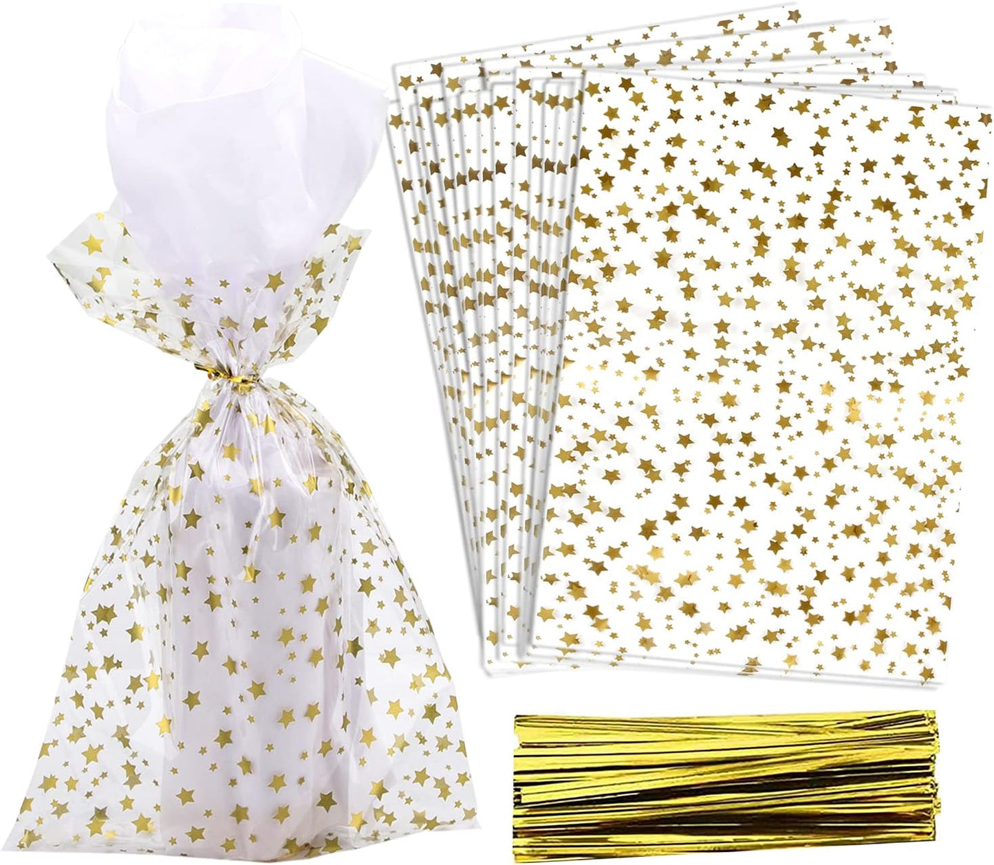 100 Pcs Star Printed 5"X 7" Gift Wrap Cello Cellophane Treat Bags Party Favor bags Clear Candy Cookie Bag Plastic Poly Goodie Storage Bag with Twist Ties for Bakery,Birthday, Wedding ,Party Decorations (Gold)