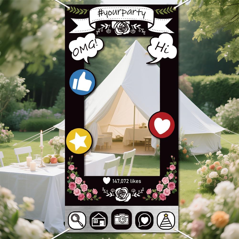WADORN Social Media Photo Frame Props for Party Decor, 5.9x2.9ft Booth Selfie Frame with Emoji Speech Bubble Photo Door Backdrop Props Decor Large Fabric Photography Background Party Supplies