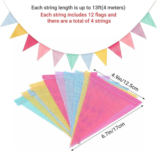 Pennant Banner Flags Pastel, 48Pcs Colorful Triangle Bunting Flags for Party, Baby Shower, Wedding, Birthday Decor – Party Decoration, Reusable Fabric Flags(4 Strings)