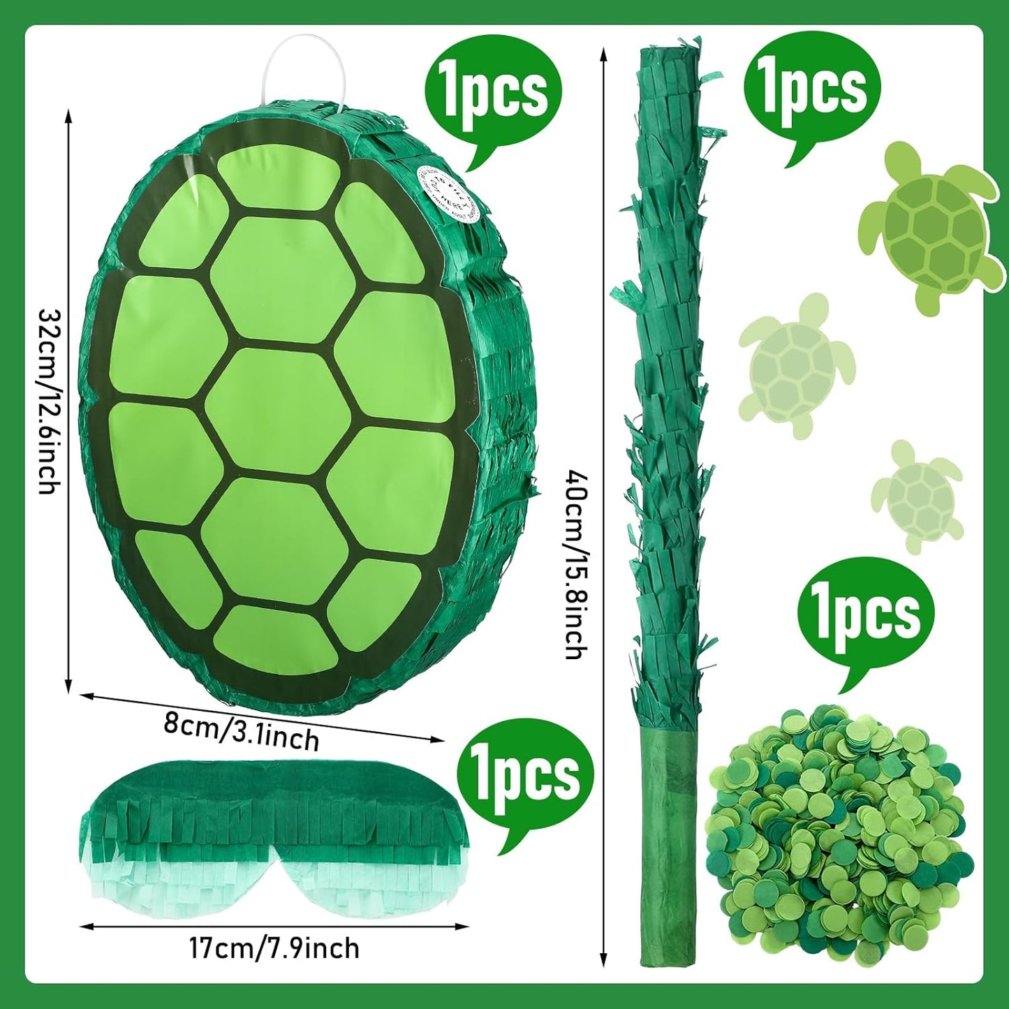 4 Pcs Green Turtle Piñata Birthday Decorations 12.6 x 3.1'' Turtle Piñata Set with Batting Stick Eye Mask Blindfold and Confetti for Birthday Decorations Props