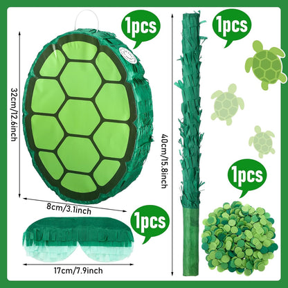 4 Pcs Green Turtle Piñata Birthday Decorations 12.6 x 3.1'' Turtle Piñata Set with Batting Stick Eye Mask Blindfold and Confetti for Birthday Decorations Props