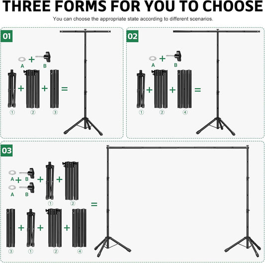 3-in-1 Backdrop Stand Kit 10x8.5 ft for Photography Studio, T-Shape Backdrop Stand for Wedding Parties, Background Stand for Photo Video Studio with Carring Bag, 6 Clamps, 2 Sandbags