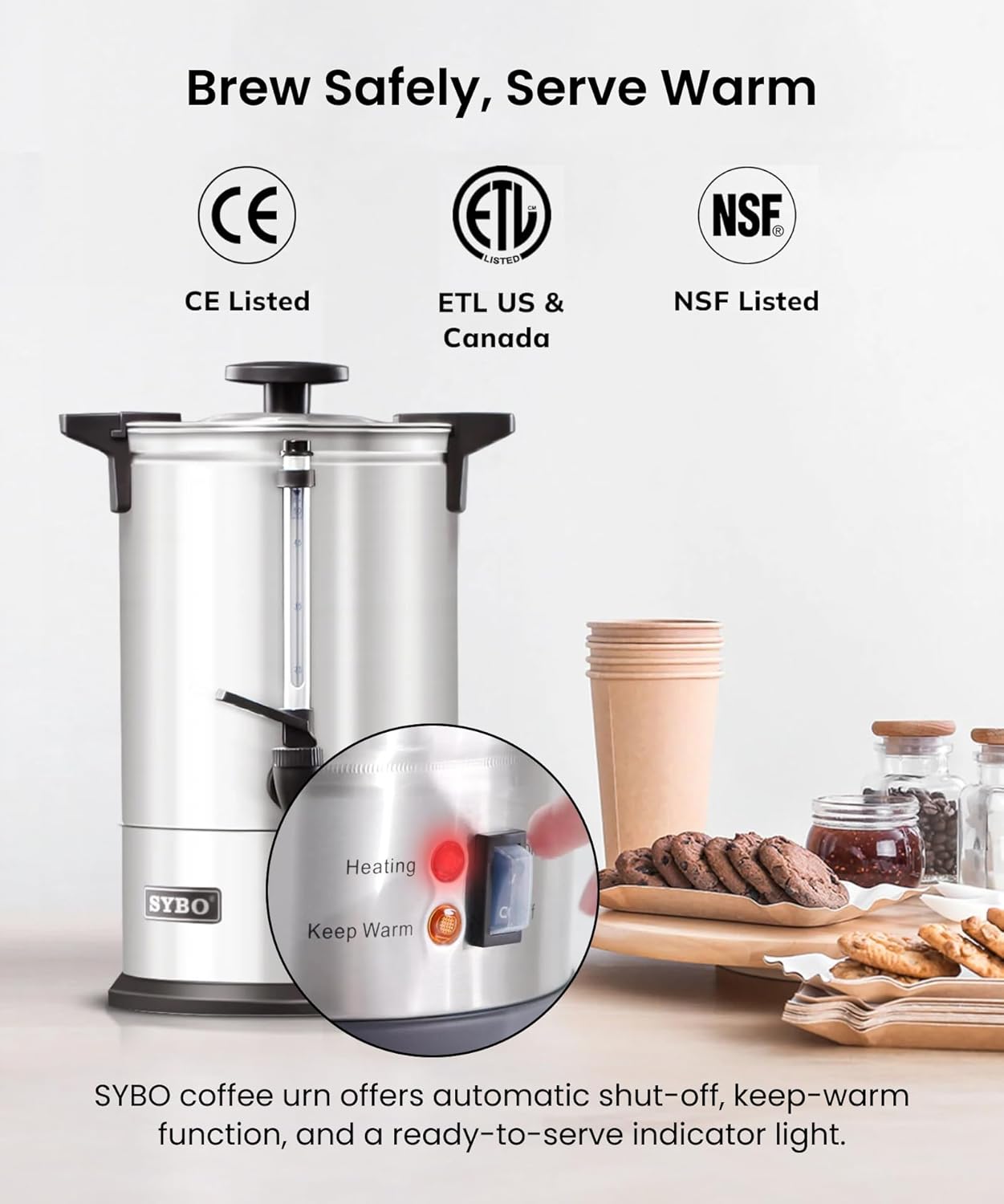 SYBO 6L Commercial Coffee Maker, Stainless Steel Coffee Urn With Cool-Touch Handles, Electric Coffee Pot Hot Beverage Dispenser, Quick-Brewing Coffee Urn, For Events,Party & Catering - 45 Cup