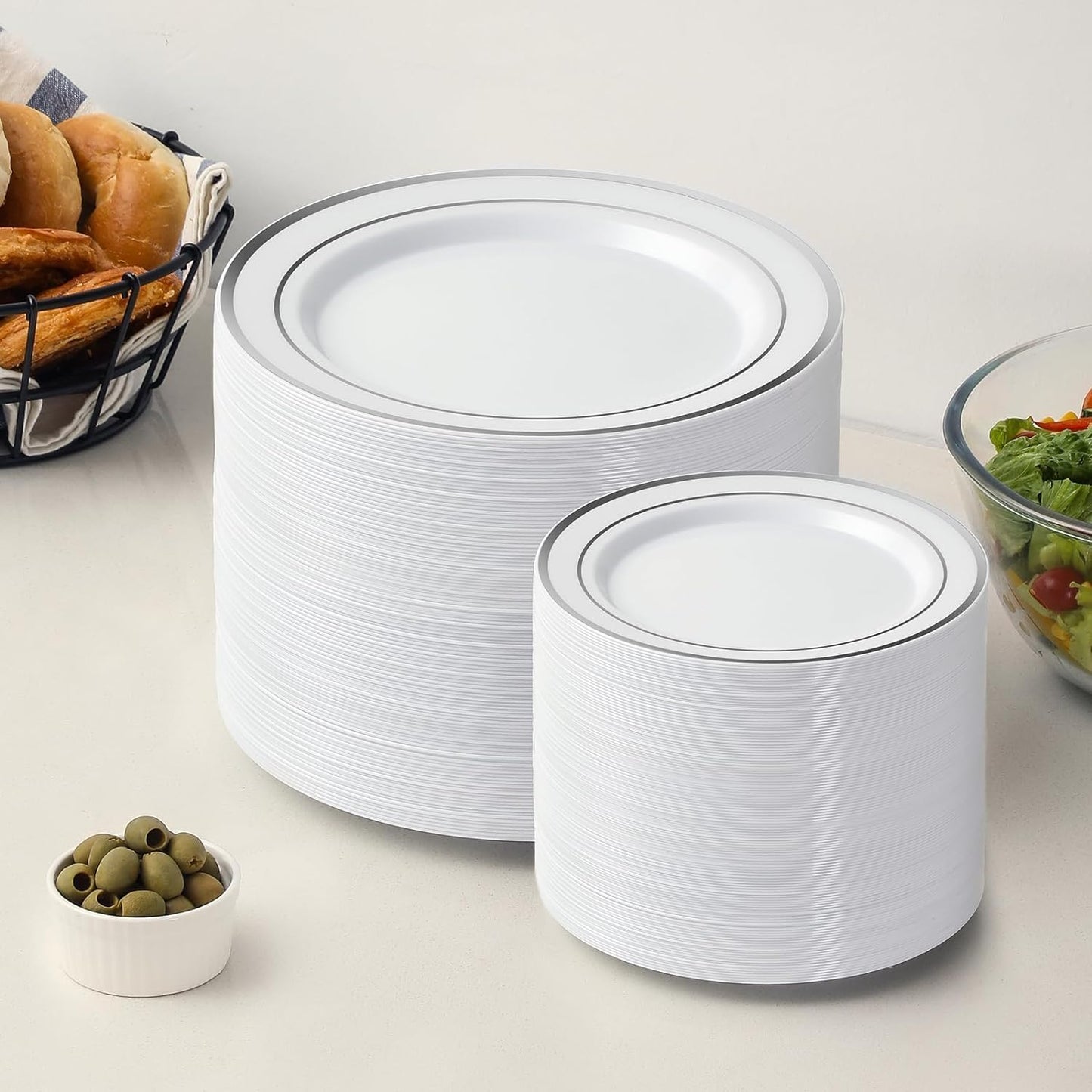 AOZITA 200 PCS White Plastic Plates, Premium Heavy Duty Disposable Plates for Party, 100 Dinner Plates & 100 Salad Dessert Plates, Sturdy Hard Plastic Dinnerware for Wedding, Events