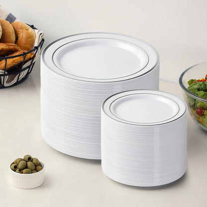 AOZITA 200 PCS White Plastic Plates, Premium Heavy Duty Disposable Plates for Party, 100 Dinner Plates & 100 Salad Dessert Plates, Sturdy Hard Plastic Dinnerware for Wedding, Events