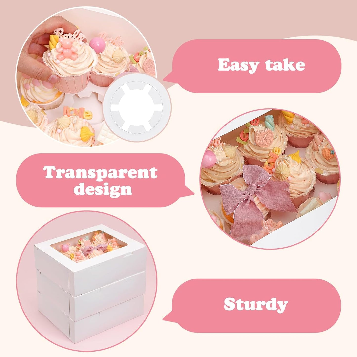 Moretoes 12 Count Graduation Cupcake Boxes, 3 Pack Paper Cupcake Containers with Window, Hold 36 Pastries, Disposable Graduation Party Boxes for Cupcakes Desserts(White)