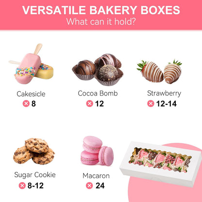 Kucoele 20 PCS Cookie Boxes with Window, 12.5 x 5.5 x 2.5 Inches Bakery Boxes Auto-Popup Treat Boxes for Chocolate Covered Strawberries, Hot Cocoa Bombs, Pastries, Donuts, Muffins