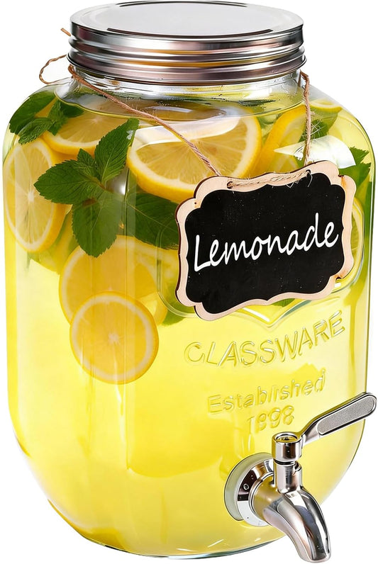 2 Gallon Glass Drink Dispenser,Beverage Dispenser with Stand,Lemonade Dispenser with 304 Stainless Steel Spigot Leakproof for Entertaining Guests, Picnic,Hosting Parties