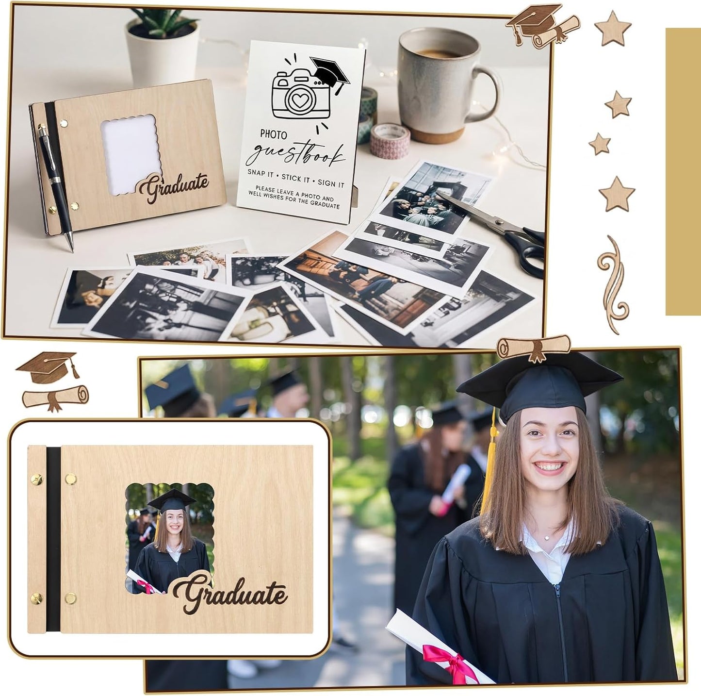 Marspark Graduation Guest Book Set 16 x 9" 90 Pages Wooden Scrapbook Photo Album Photo Guest Book Sign with Pen Graduation Memory for College Gift Congratulations Grad Party Decorations