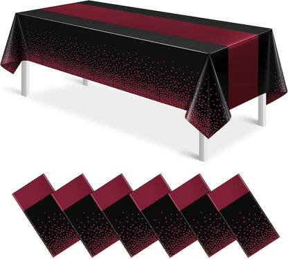 MASHAN 3Pcs Black and Red Tablecloth Party Decorations,Plastic Black Table Cloth Printed Red Table Runner Disposable Rectangle Cover for Birthday Weeding Anniversary Graduation Party,54 x108 Inch