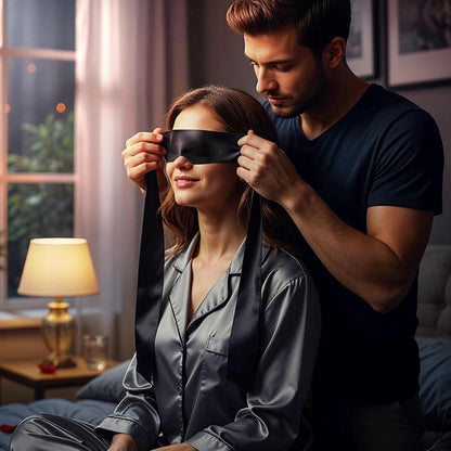 Tyqour 2 Pcs Soft Silk Blindfold for Adult Couples, Satin Blind Folds for Adult Play, Adjustable Blindfold for Party Games, 59 Inch V-Shaped Blackout Sleep Mask for Women Men Gift (Black, Pink)