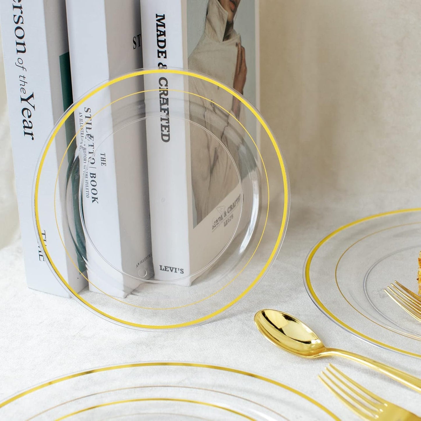 I00000 102 Pieces Gold Plastic Plates, Disposable Party Plates White Gold Rim, 51 Disposable Gold Dinner Plates 10.25 Inch and 51 Disposable Dessert Appetizer Elegant Fancy Wedding Plates 7.5 Inch