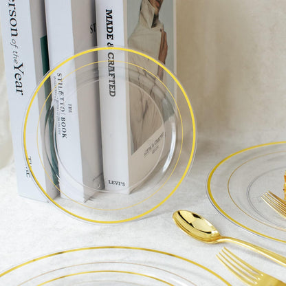 I00000 102 Pieces Gold Plastic Plates, Disposable Party Plates White Gold Rim, 51 Disposable Gold Dinner Plates 10.25 Inch and 51 Disposable Dessert Appetizer Elegant Fancy Wedding Plates 7.5 Inch