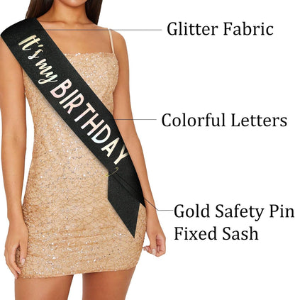 It's My Birthday Sash Black Glitter Sash with Hot Pink Foil Happy Birthday Decorations for Women Girls Men Boys Black Party Decorations