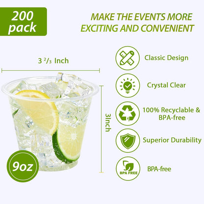 Lilymicky 200 Pack 10 oz Clear Plastic Cups, PET Disposable Drinking Cups Perfect for Birthday Parties, Ceremonies, Events