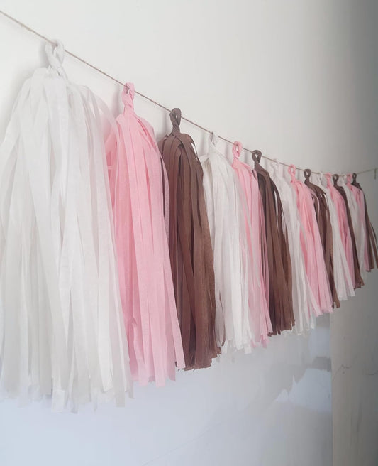 15 Pack Tissue Paper Tassel Garland Banner, Party Decoration in Pink, Brown and White Colors,DIY Kit