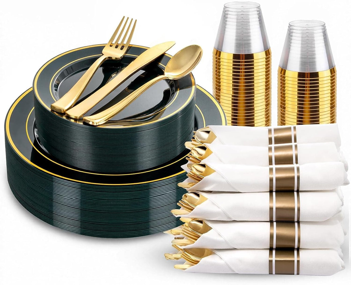 350 Pieces Black and Gold Plastic Plates with Disposable Silverware, Include 50 Dinner Plates 9”, 50 Dessert Plates 6.3”, 50 Black Cups 9 OZ, 50 Pre Rolled Napkins for Wedding Party Graduation