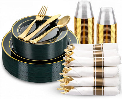 350 Pieces Black and Gold Plastic Plates with Disposable Silverware, Include 50 Dinner Plates 9”, 50 Dessert Plates 6.3”, 50 Black Cups 9 OZ, 50 Pre Rolled Napkins for Wedding Party Graduation