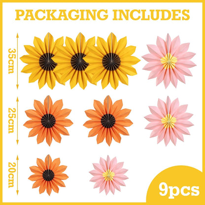 PAPER JAZZ Paper Flowers with Paper Fan Boho Hanging Decor Artificial Flowers Decorations for Wall Pink and Orange Party Decorations for Classroom, Beach Party, Summer Birthday Party Pack of 11.