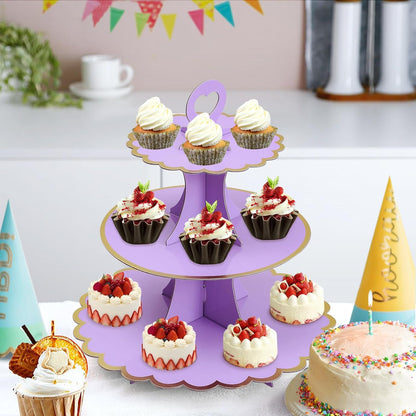 Soleebee 3-Tier Cupcake Stand, Cardboard Cupcake Tower, Cup Cake Stand Tower for Birthday Wedding Party Decoration, Cupcake Tier Stand Desserts Display 1 Set (Purple Gold)