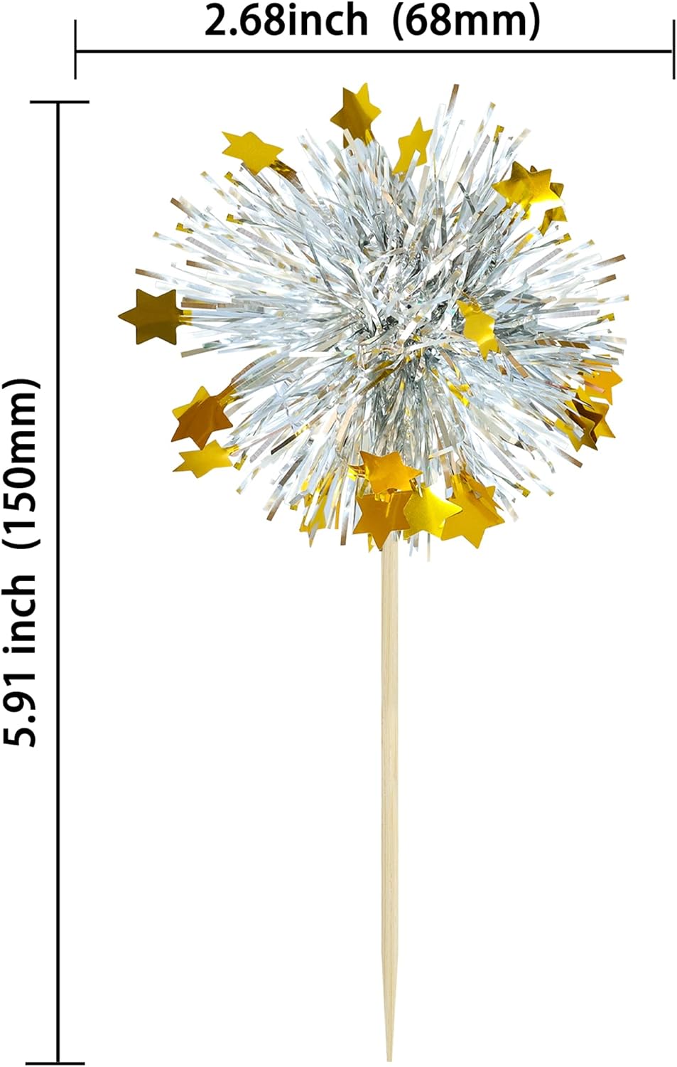 Ephlyn 30Pcs Foil Firework Cupcake Toppers Sparkle Tinsel Cupcake Picks Drink Stirrers Cocktail Food Fruit Toothpicks for Baby Shower Graduation Party Supplies White