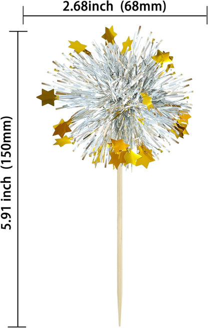 Ephlyn 30Pcs Foil Firework Cupcake Toppers Sparkle Tinsel Cupcake Picks Drink Stirrers Cocktail Food Fruit Toothpicks for Baby Shower Graduation Party Supplies White