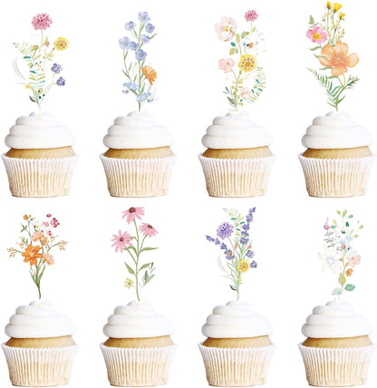 Rngmsi Flower Birthday Cupcake Toppers Decorations, 40PCS Wildflower Baby in Bloom Baby Shower Cake Decorations for Girls Women, Garden Floral Fairy Party Decor