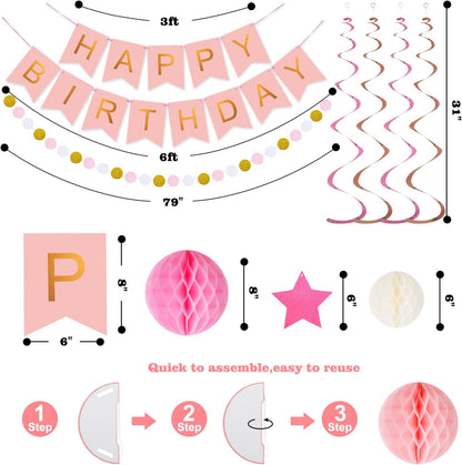 meowtastic Birthday Decorations, Happy Birthday Banner with Honeycomb Balls, Stars Hanging Swirl Streamers, Circle Dots Garland, Happy Birthday Party Decorations for Women Men Boys Girls (Blue)