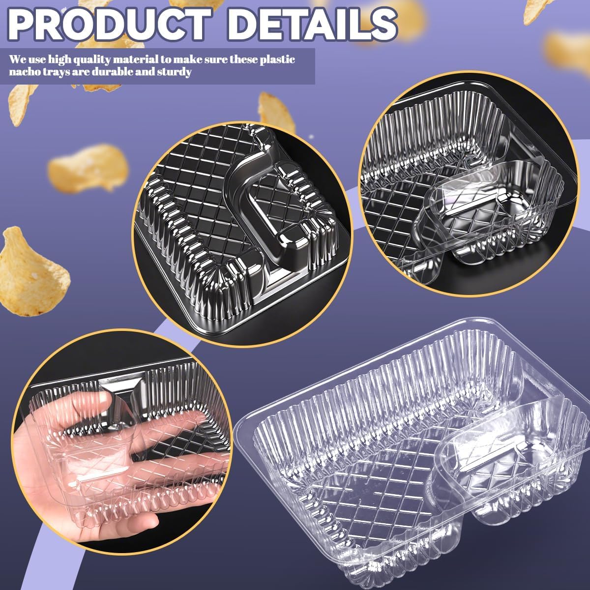 200 Pcs 12oz 6.5''x5'' Plastic Nacho Trays, Small Disposable Tray for Nachos & Cheese Dip, Clear Nacho Containers for Chip, 2 Compartment Movie Night Snack Trays Great for Snacks, Fair Foods