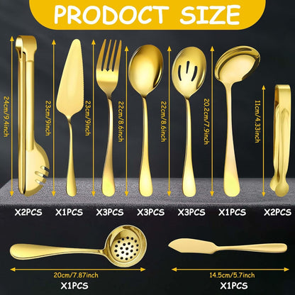 12 Pcs Gold Serving Utensils Set Include Stainless Steel Large Serving Spoons Slotted Spoons Forks Soup Ladle Pie Server - Metal Utensils for Parties Buffet Catering, Dishwasher Safe