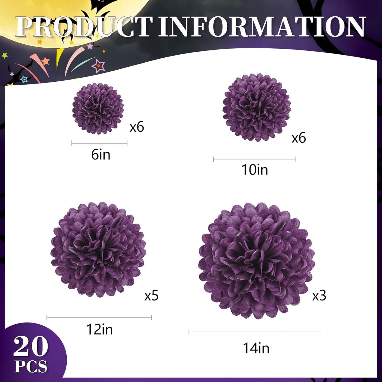 20 PCS Orange Tissue Paper Pom Poms, Tissue Pom Poms Flowers, Sizes of 6", 10", 12", 14" Hanging Paper Flower Ball for Wedding, Birthday, Halloween, Christmas, Baby Shower Party Decor