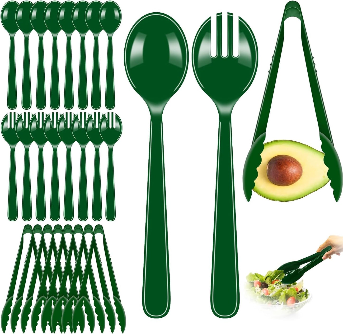 24 Pcs Black Plastic Serving Utensils Set - Heavy Duty Disposable Serving Spoons, Forks & Tongs (8 of Each) - BPA-Free Catering Supplies for Buffets, Parties, Weddings & Events (9 Inch)