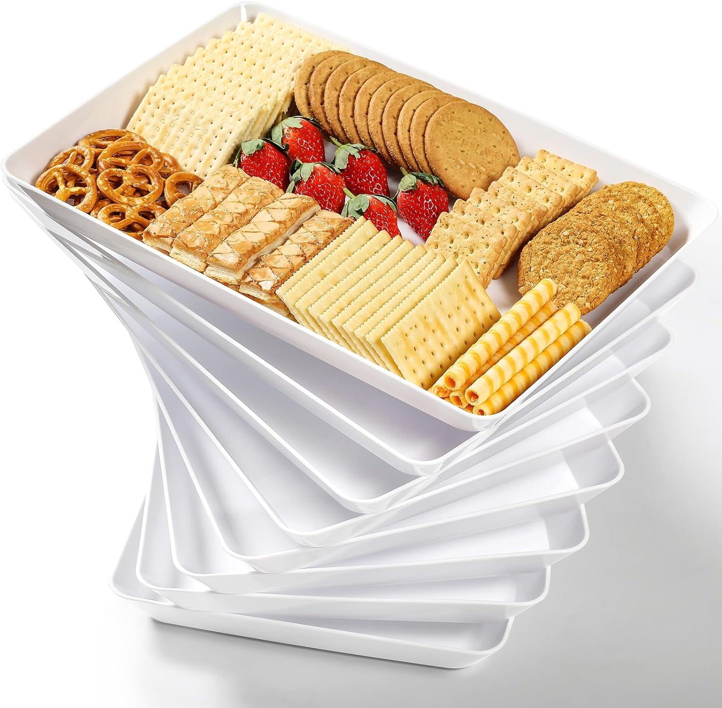 4-Pack Plastic 16" x 11" Large White Serving Trays Set - Reusable Serving Platters for Cookie, Appetizer, Charcuterie, Snack, Dessert, Party Food Display - Stackable Kitchen CounterTop Tray, BPA Free