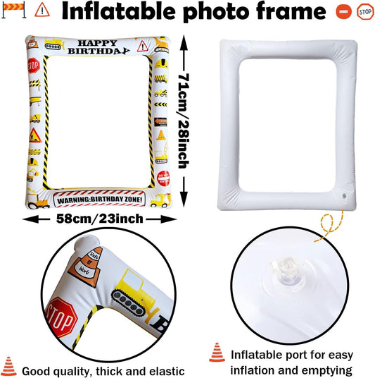1pc Construction Theme Inflatable Photo Booth Selfie Frame Giant Dump Truck Excavator Crane Digger Zone Party Blow Up Picture Frame Party Decor for Teens Adults Birthdays Party Supplies