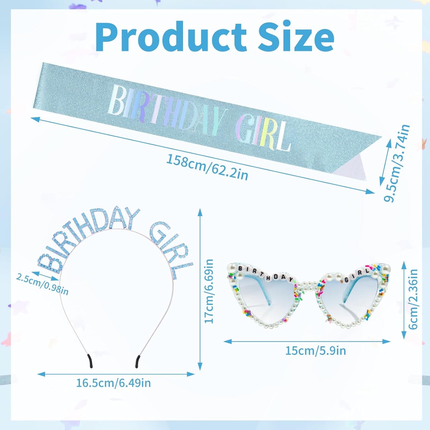 3Pcs Birthday Girl Sash Headband Set-Birthday Sash Tiara and Crown Sunglasses for Girls Women