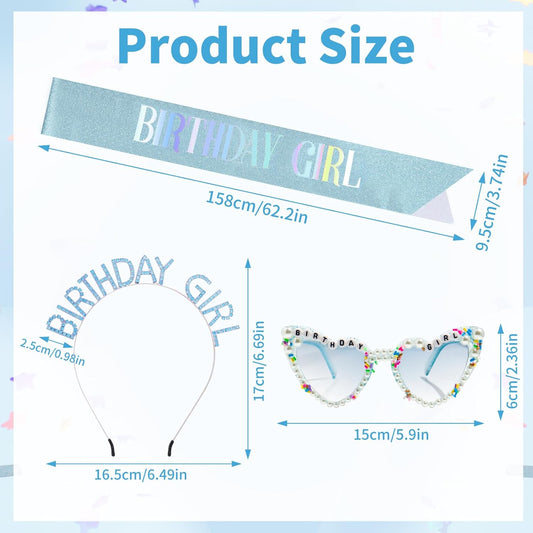 3Pcs Birthday Girl Sash Headband Set-Birthday Sash Tiara and Crown Sunglasses for Girls Women