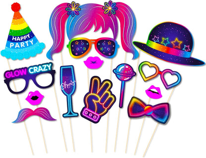 25pcs Glow Neon Photo Booth Props with Stick, Photo Props for Birthday Let's Glow Themed Neon Glow in The Dark Disco Black Light Party Decoration Supplies