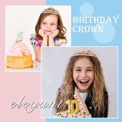 Chanaco Happy Birthday Crown and Sash Kit for Women and Girls - Rhinestone Tiara and Sashes with 'BIRTHDAY GIRL' Sash for Party Favors