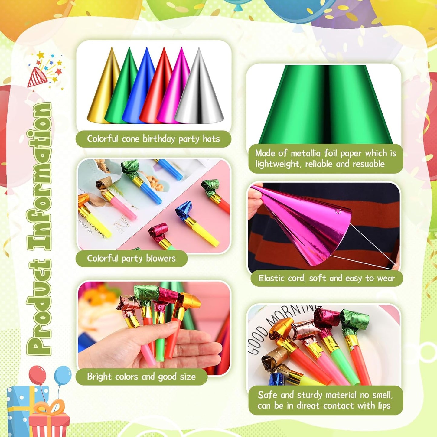 WinnerWhy 300 Pcs Birthday Party Cone Hats and Colorful Noisemakers Blowers Set Metallic Foil Paper Cone Hats Noisemakers Blow Whistle for Adults Birthday Party Supplies