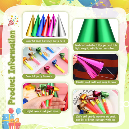 WinnerWhy 300 Pcs Birthday Party Cone Hats and Colorful Noisemakers Blowers Set Metallic Foil Paper Cone Hats Noisemakers Blow Whistle for Adults Birthday Party Supplies